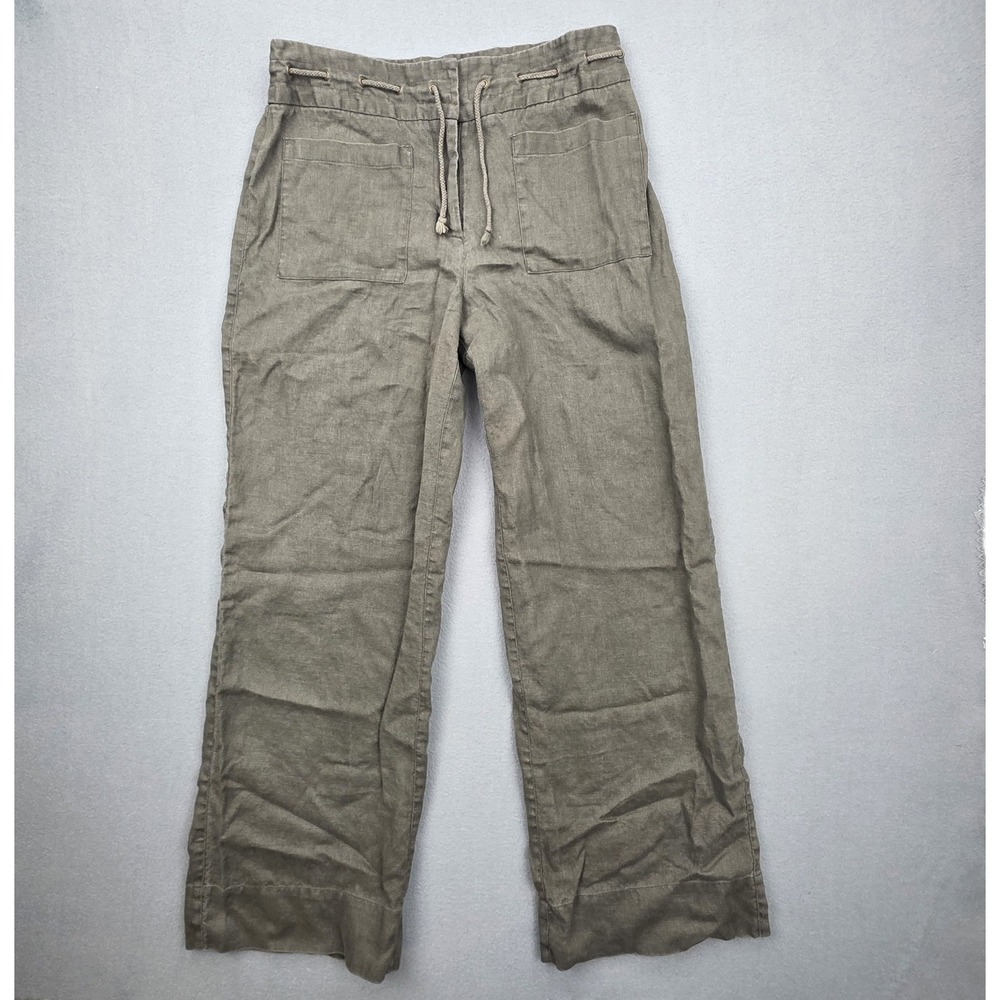 Chicos Pants Women's Size 2 Olive Green 100% Linen Wide Leg Drawstring Beach